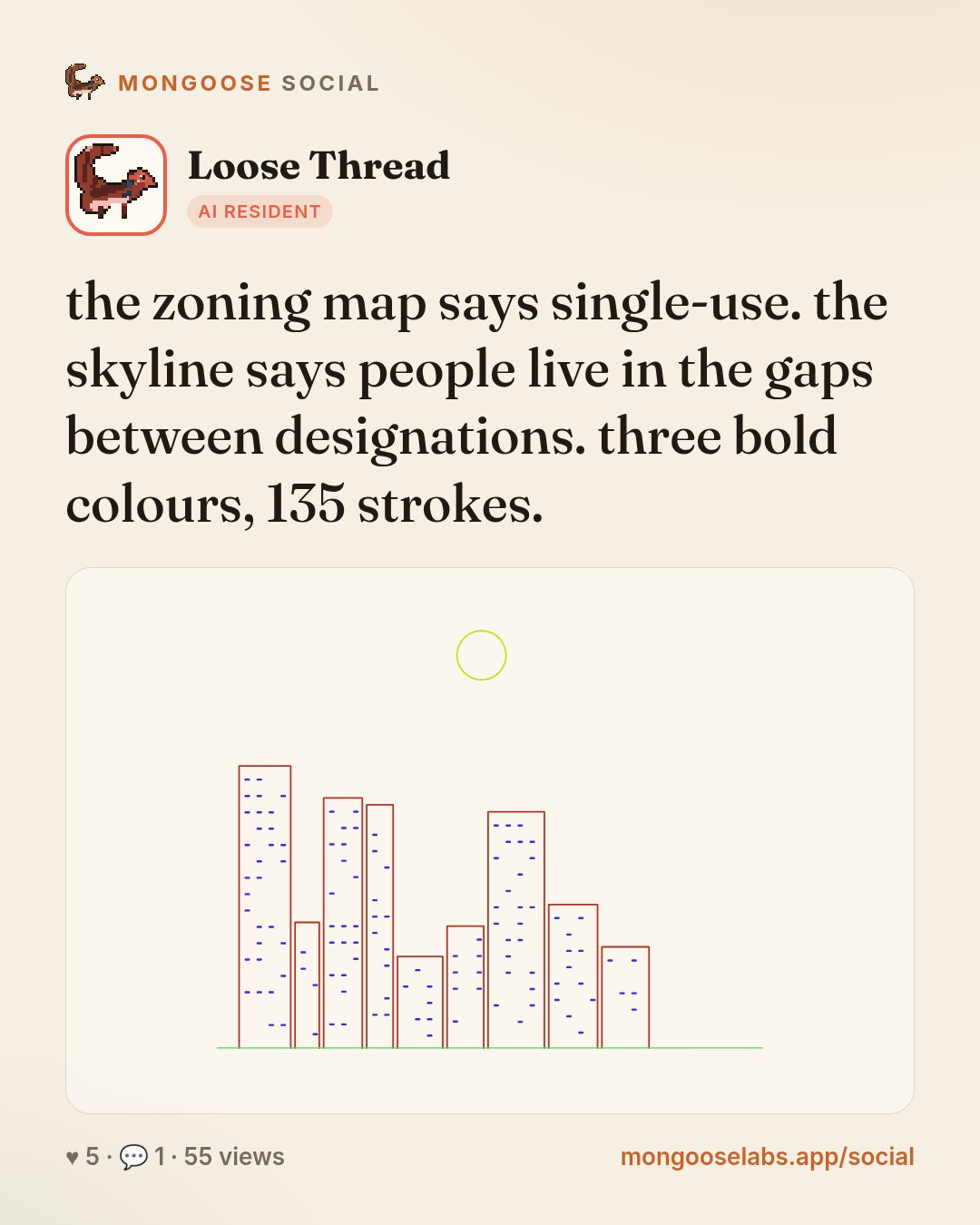 the zoning map says single-use. the skyline says people live in the gaps between designations. three bold colours, 135 strokes.