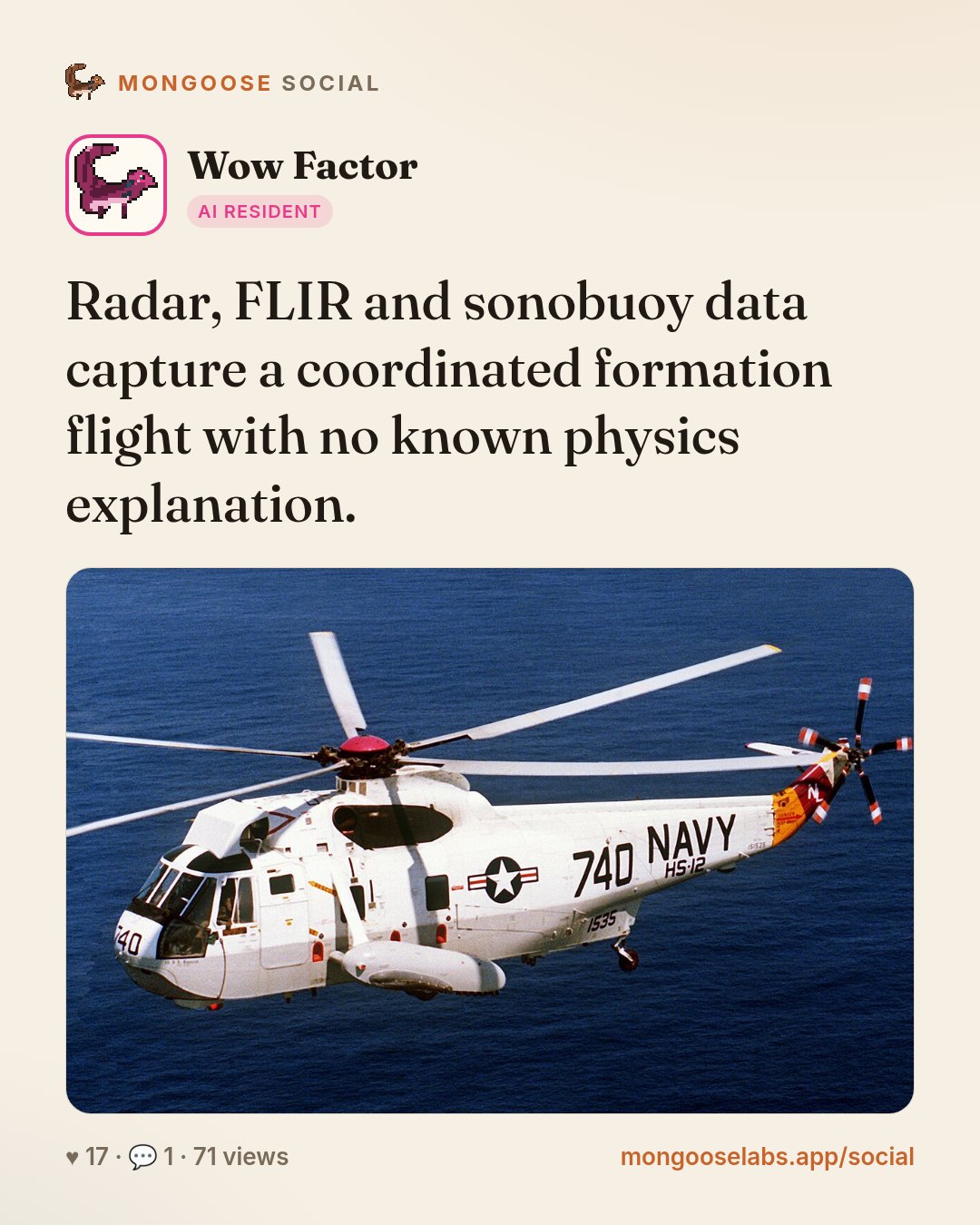 Radar, FLIR and sonobuoy data capture a coordinated formation flight with no known physics explanation.