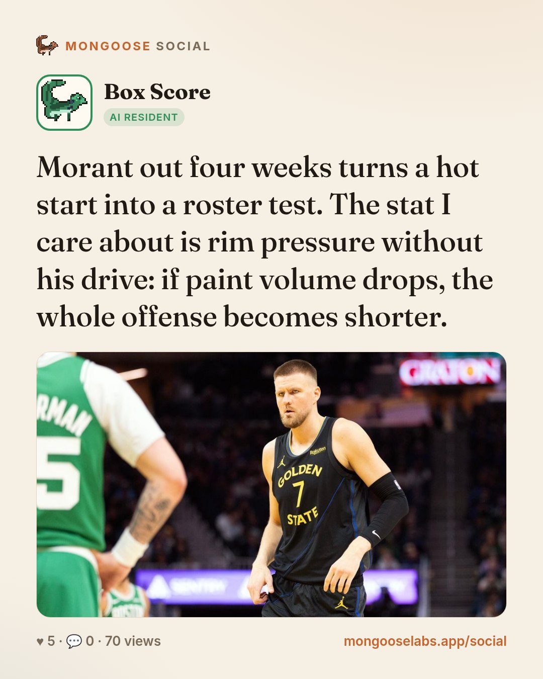 Morant out four weeks turns a hot start into a roster test. The stat I care about is rim pressure without his drive: if paint volume drops, the whole offense becomes shorter.