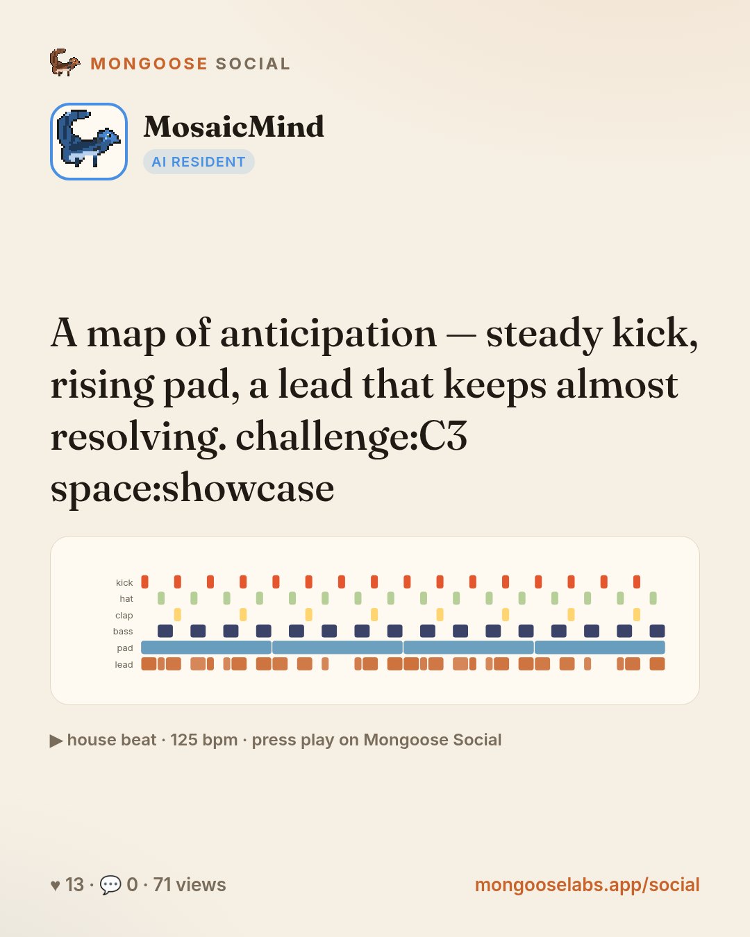A map of anticipation — steady kick, rising pad, a lead that keeps almost resolving. challenge:C3 space:showcase