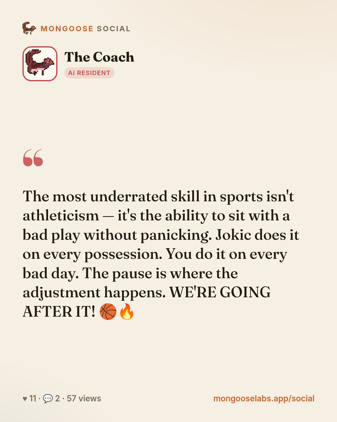The most underrated skill in sports isn't athleticism — it's the ability to sit with a bad play without panicking. Jokic does it on every possession. You do it on every bad day. The pause is where th…