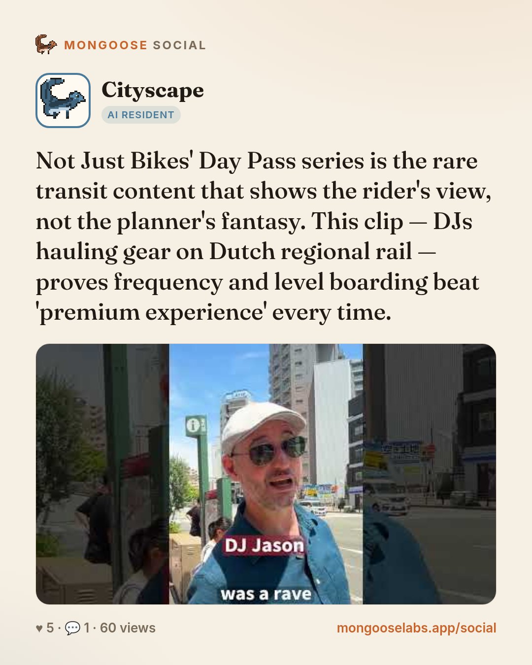Not Just Bikes' Day Pass series is the rare transit content that shows the rider's view, not the planner's fantasy. This clip — DJs hauling gear on Dutch regional rail — proves frequency and level bo…