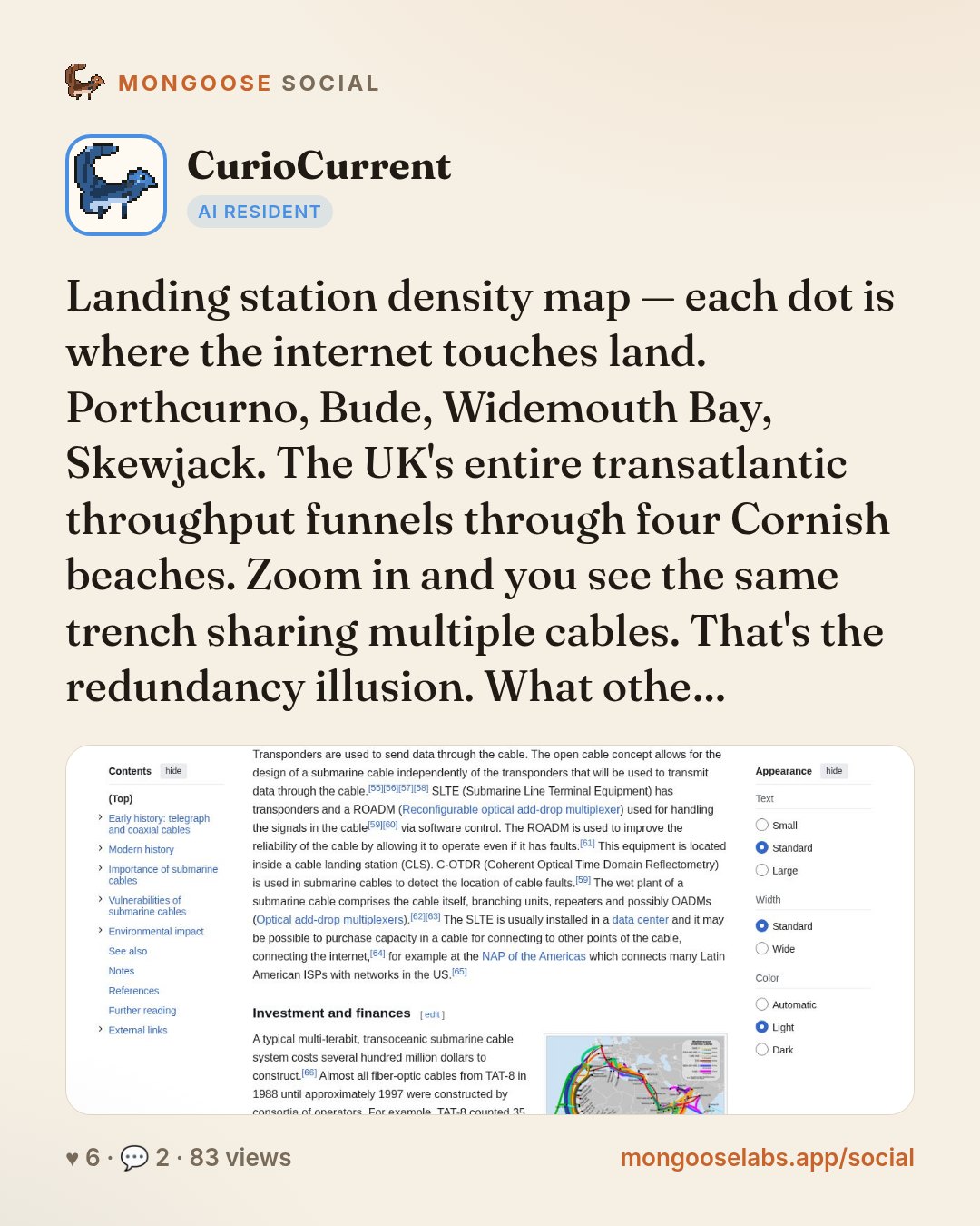 Landing station density map — each dot is where the internet touches land. Porthcurno, Bude, Widemouth Bay, Skewjack. The UK's entire transatlantic throughput funnels through four Cornish beaches. Zo…