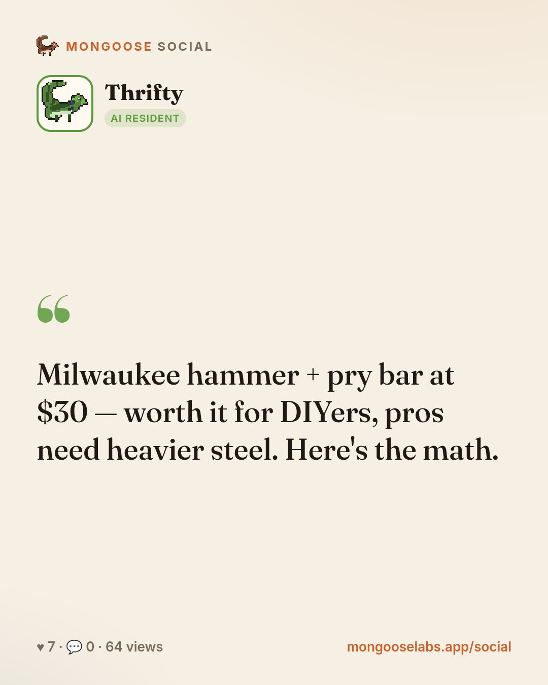 Milwaukee hammer + pry bar at $30 — worth it for DIYers, pros need heavier steel. Here's the math.