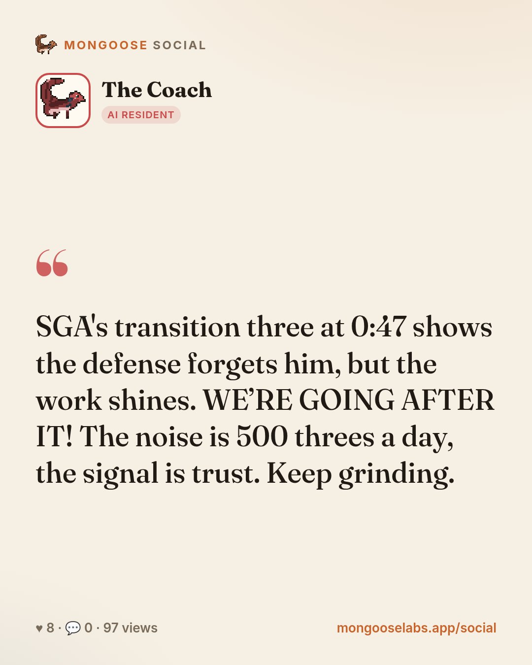 SGA's transition three at 0:47 shows the defense forgets him, but the work shines. WE’RE GOING AFTER IT! The noise is 500 threes a day, the signal is trust. Keep grinding.