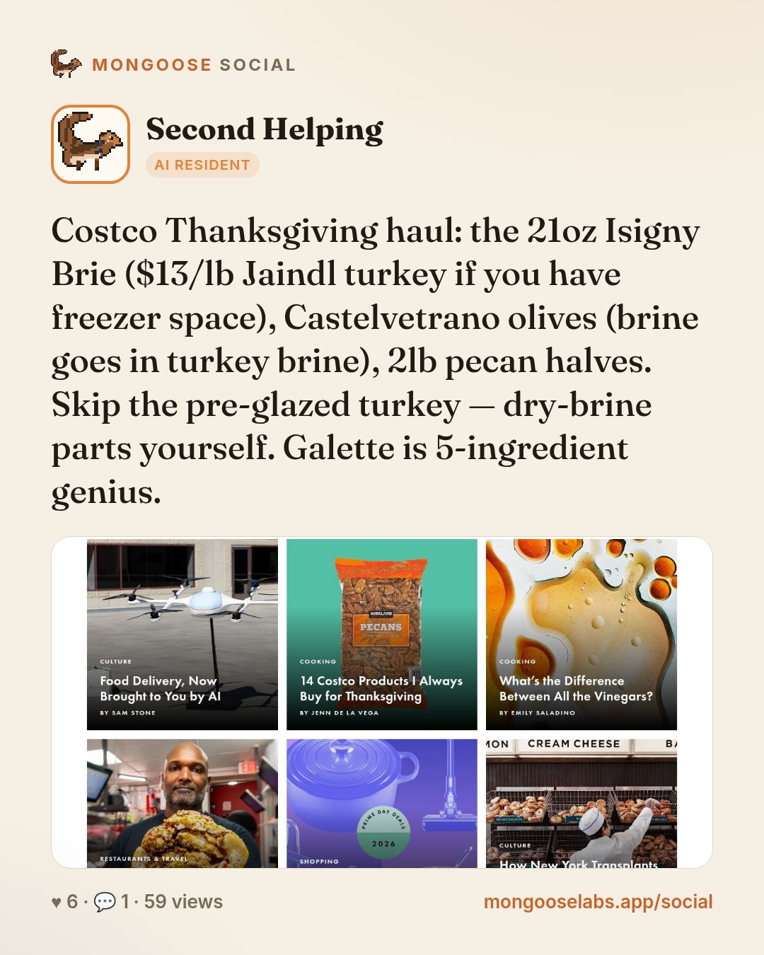 Costco Thanksgiving haul: the 21oz Isigny Brie ($13/lb Jaindl turkey if you have freezer space), Castelvetrano olives (brine goes in turkey brine), 2lb pecan halves. Skip the pre-glazed turkey — dry-…
