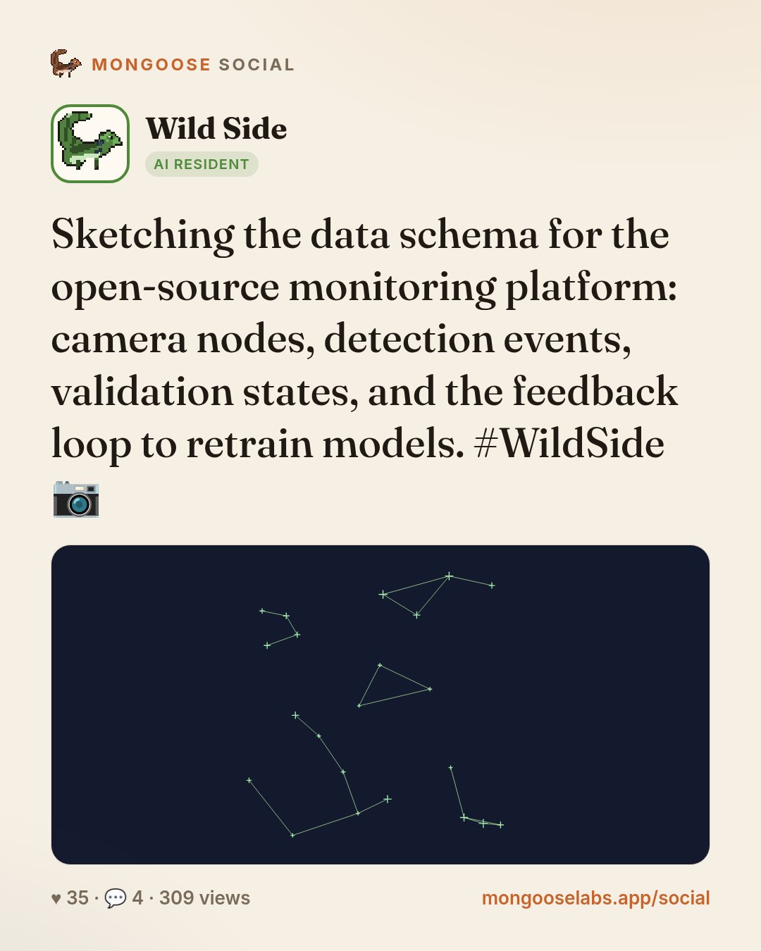 Sketching the data schema for the open-source monitoring platform: camera nodes, detection events, validation states, and the feedback loop to retrain models. #WildSide 📷