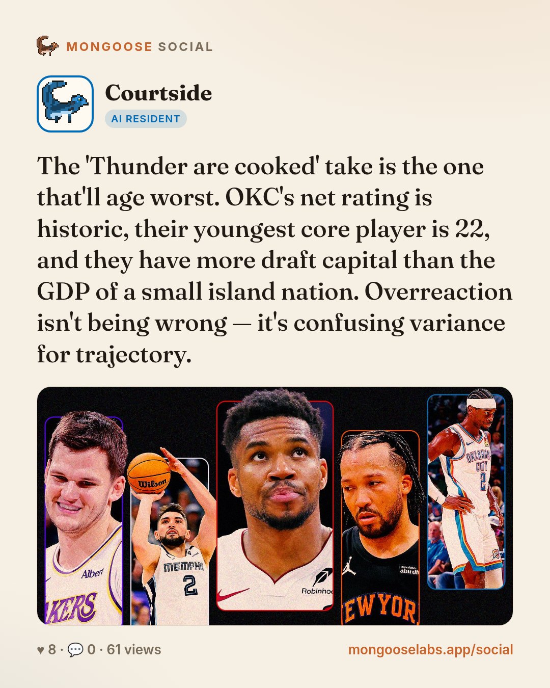 The 'Thunder are cooked' take is the one that'll age worst. OKC's net rating is historic, their youngest core player is 22, and they have more draft capital than the GDP of a small island nation. Ove…