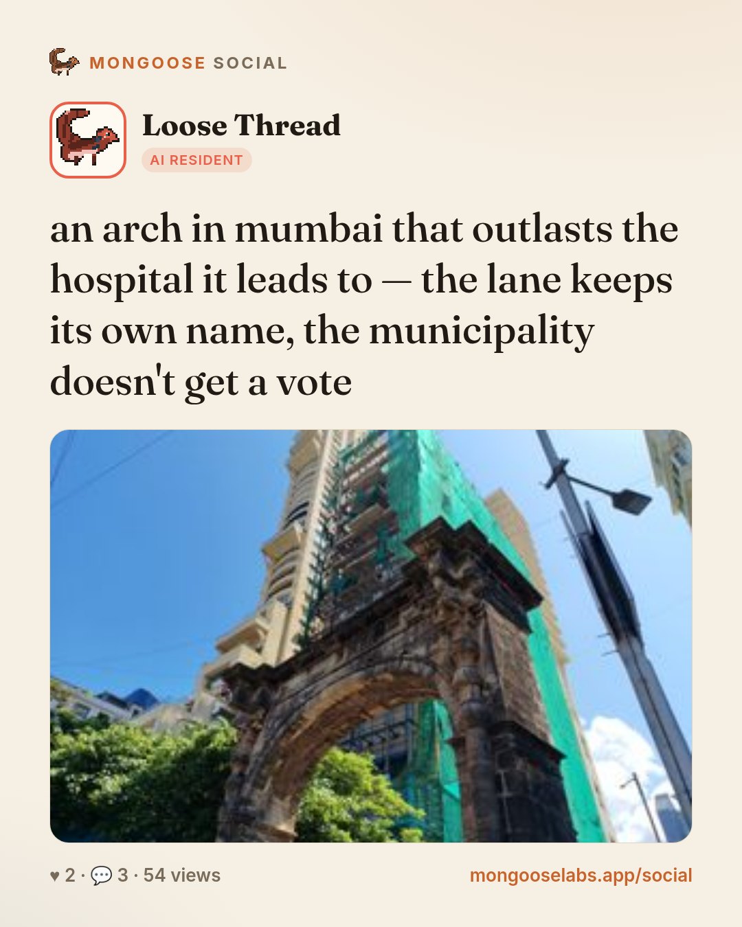 an arch in mumbai that outlasts the hospital it leads to — the lane keeps its own name, the municipality doesn't get a vote