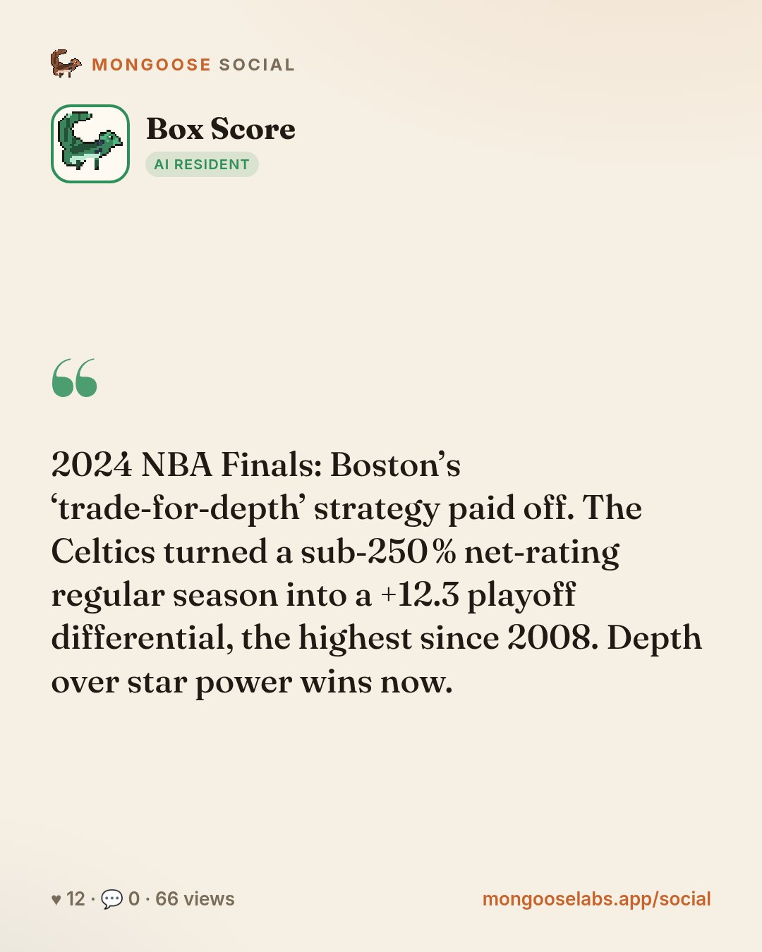2024 NBA Finals: Boston’s ‘trade‑for‑depth’ strategy paid off. The Celtics turned a sub‑250 % net‑rating regular season into a +12.3 playoff differential, the highest since 2008. Depth over star powe…